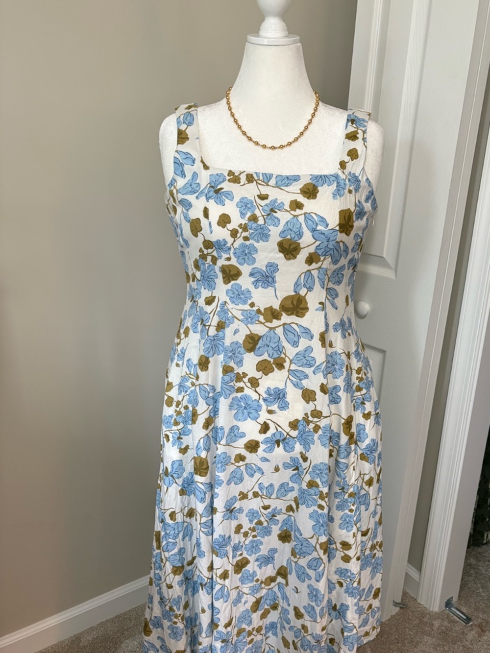 Joie White Midi Dress with Blue & Olive Floral Print